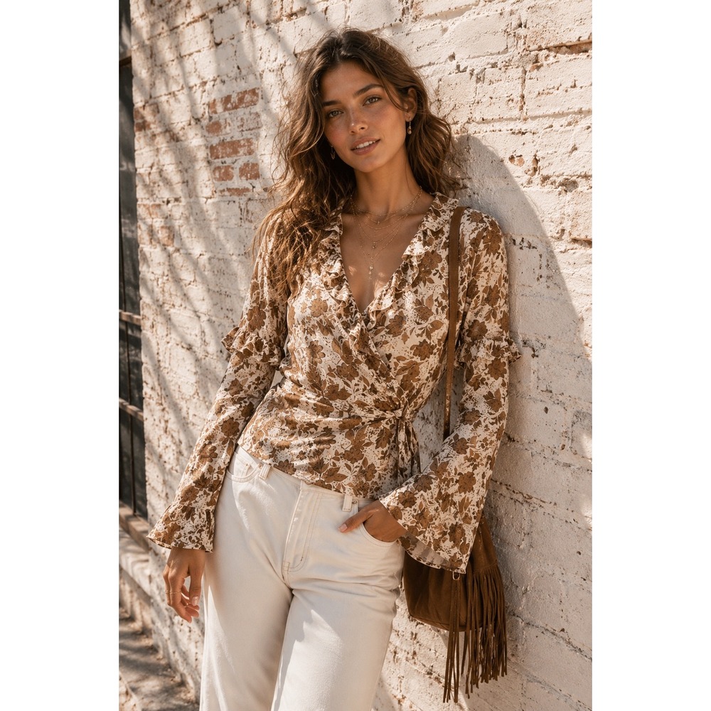 CeCe Brown Floral‎ Wrap Blouse Ruffle Tiered Bell Sleeve BalletCore Small NWT